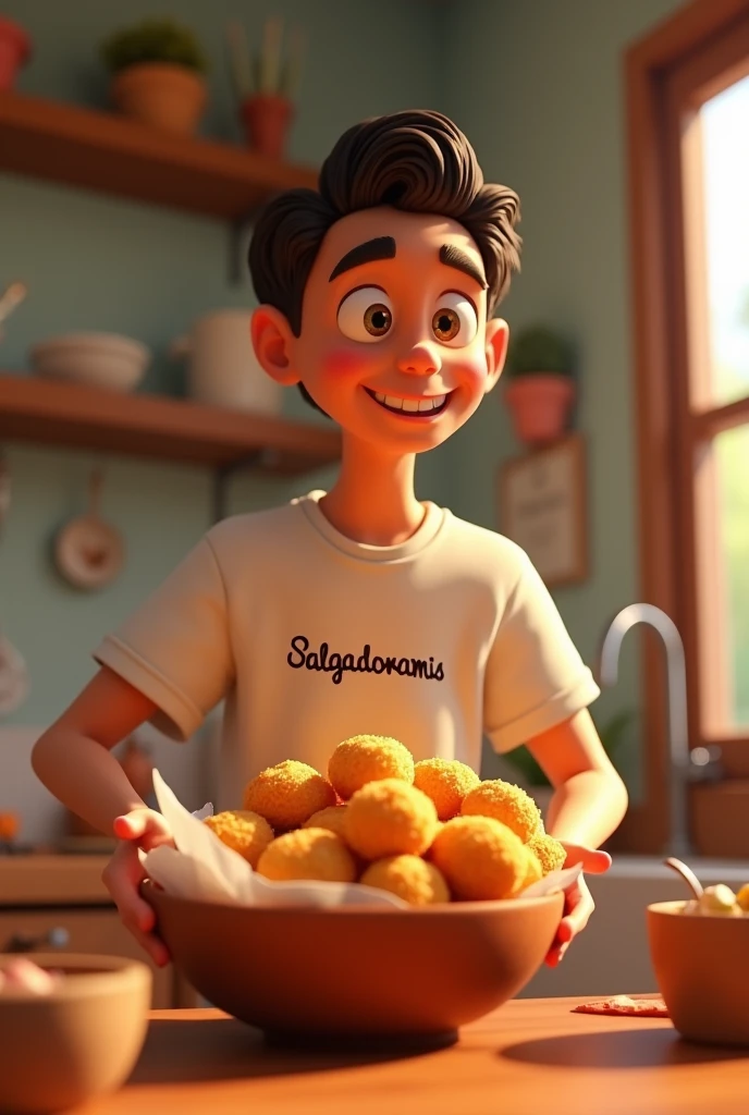 Create a 3d -Pixar style cartoon scene, Where a man, short black hair 2, He is holding a bowl full of snacks wearing a salgadosRamos shirt. Making delicious coxinha snacks