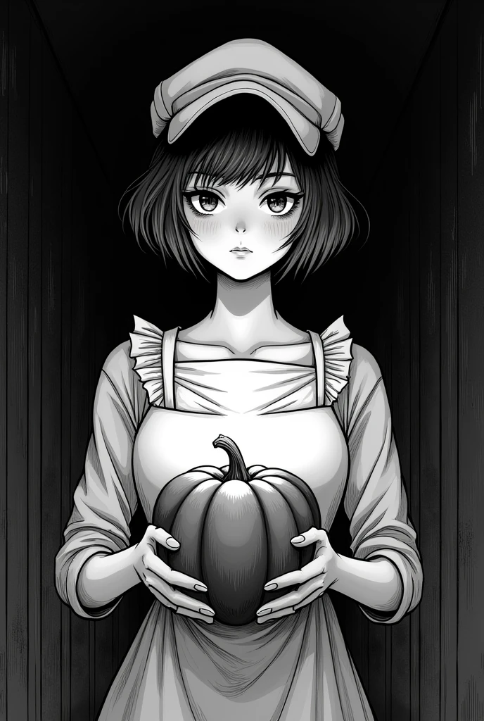 create image of mr burdick's tales: Short haired woman with cap holding a lit pumpkin, Her dress has three-quarter sleeves and a kind of apron over it., black and white image.