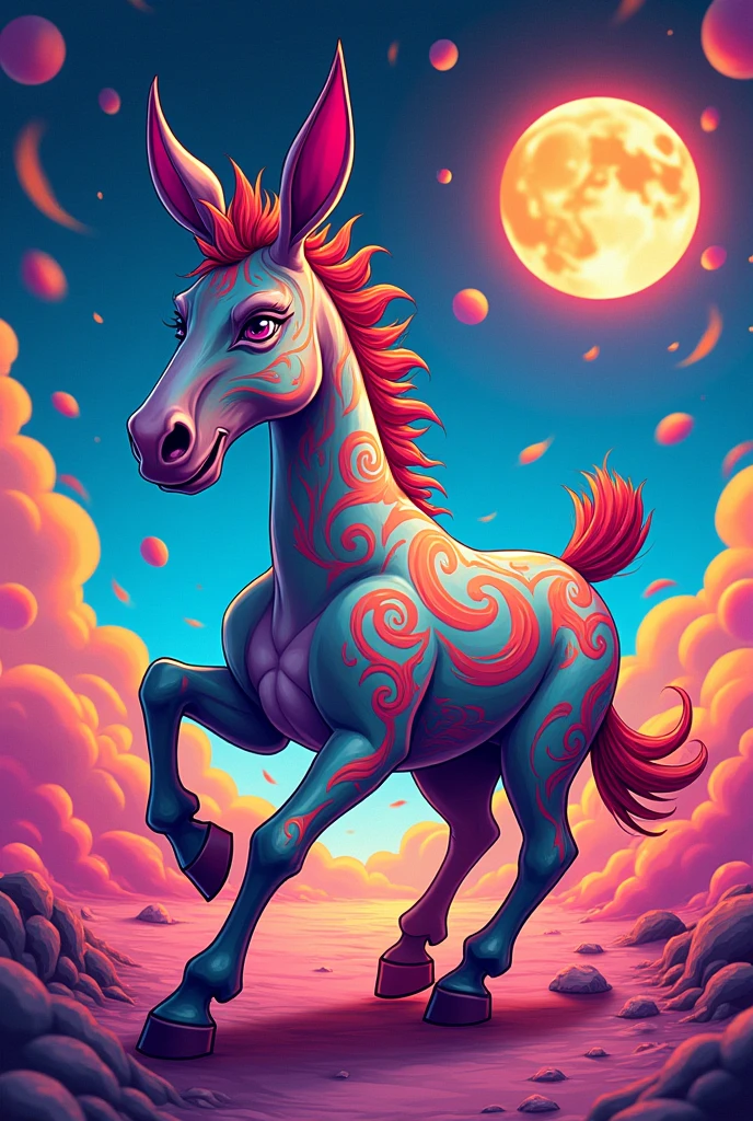 Create a psychedelic, cartoon-style mule with slightly exaggerated but more realistic features, vibrant colors, and swirling patterns. The mule should have a dynamic, energetic expression, capturing a lively and adventurous spirit. Use bright, neon colors and abstract shapes to give it a surreal, eye-catching appearance, but maintain a more realistic cartoon vibe