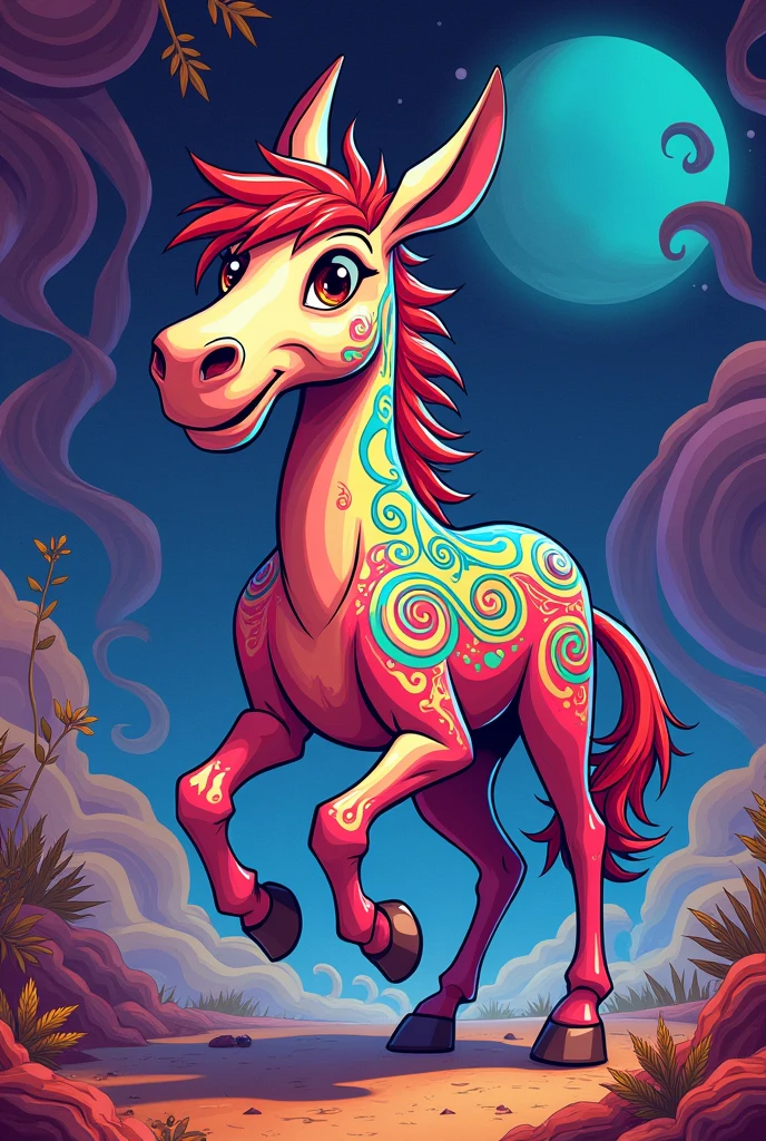 Create a psychedelic, cartoon-style mule with slightly exaggerated but more realistic features, vibrant colors, and swirling patterns. The mule should have a dynamic, energetic expression, capturing a lively and adventurous spirit. Use bright, neon colors and abstract shapes to give it a surreal, eye-catching appearance, but maintain a more realistic cartoon vibe