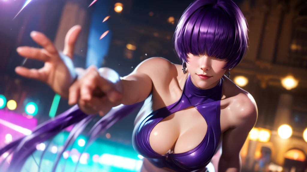 (at night), alone, in a video game scene a background of a beautiful city during the day raining, standing at attention, purple hair, ((purple hair)), 1 girl, alone, 20 years old, young woman, perfect hands , beautiful and perfect symmetrical fingers, beautiful long legs, perfect legs, beautiful body, beautiful nose, beautiful character design, perfect face, look at the viewer (focusing on the entire character), closed mouth, Light_Smile, official art, wallpaper Extremely detailed CG unity 8k, perfect lighting, bright and colorful front lighting, glowing skin (masterpiece: 1.0), (best quality: 1.0), ultra high resolution, 4K, ultra detailed photography, 8K, HDR, high resolution, nonsense: 1.2, Kodak portra 400, film grain, blurred background, bokeh: 1.2, lens flare, (vibrant_color: 1.2), professional photography, (beautiful_face: 1.5), (narrow waist),
