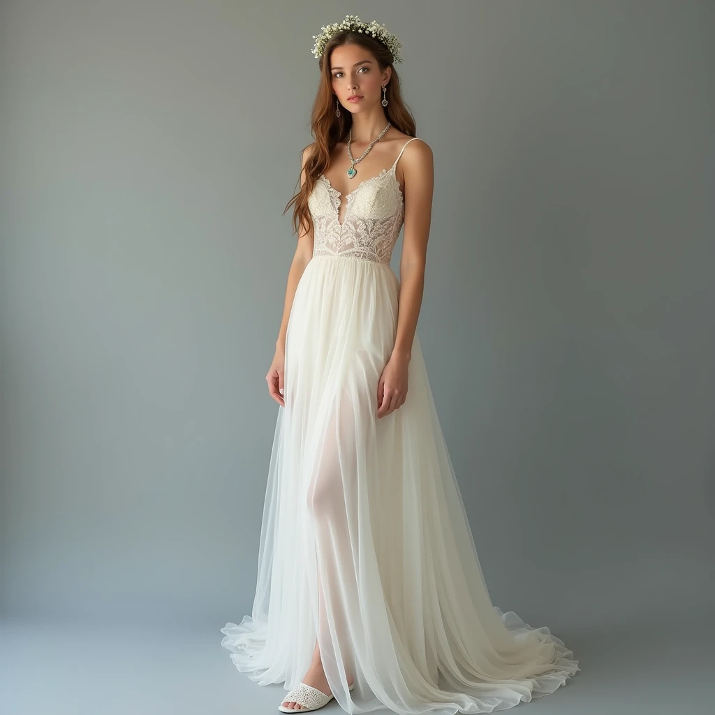 A full-body image of a European woman with an angelic essence, standing poised looking at the camera against a gray background. She wears an ivory organza gown with a soft, flowing skirt and delicate lace detailing on the bodice. The gown’s translucent fabric creates a sense of airiness and sophistication. Her hair is styled in a halo braid adorned with small white flowers, forming a crown-like effect that radiates divine majesty. She wears gossamer slippers with lace embellishments. Her jewelry includes ethereal symbol earrings and a gemstone necklace, adding a mystical and otherworldly allure to her angelic attire.