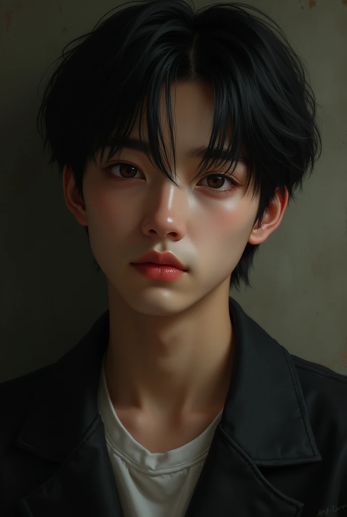 luca, a 2 young man with delicate facial features, dark brown almond shaped eyes and black hair, with Korean features. He is a boy who works in a pleasure house. I want something more realistic 