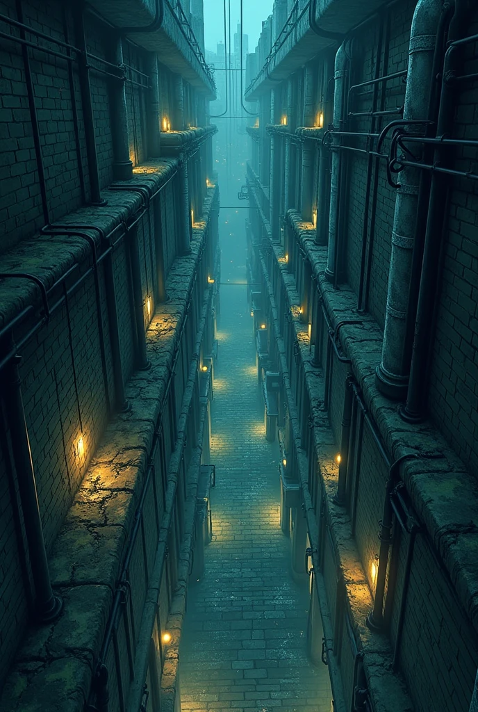 I want you to create a top-down map (no angles) of a city sewer. It is an underground labyrinth of dark, damp tunnels, with old brick walls covered in moss and slime. The narrow corridors are lit only by dim, scattered lights, with shadows cast by the pipes that intertwine along the ceiling and walls. This map will be used for tabletop RPG games on the Roll20 and Foundry platforms. (Make it with anime graphics). (The map must be very large.)