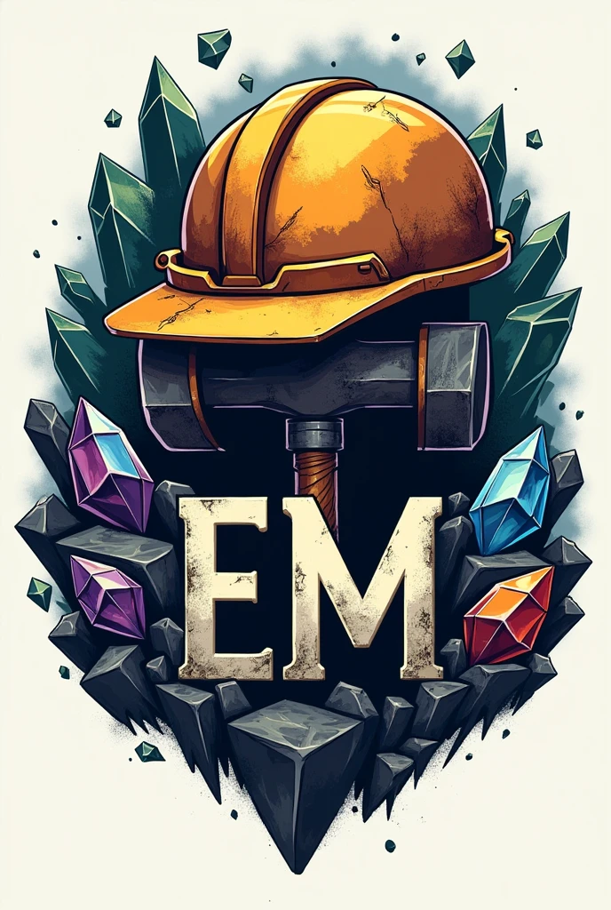 Mining logo with helmet and hammer with mineral background and EM letters