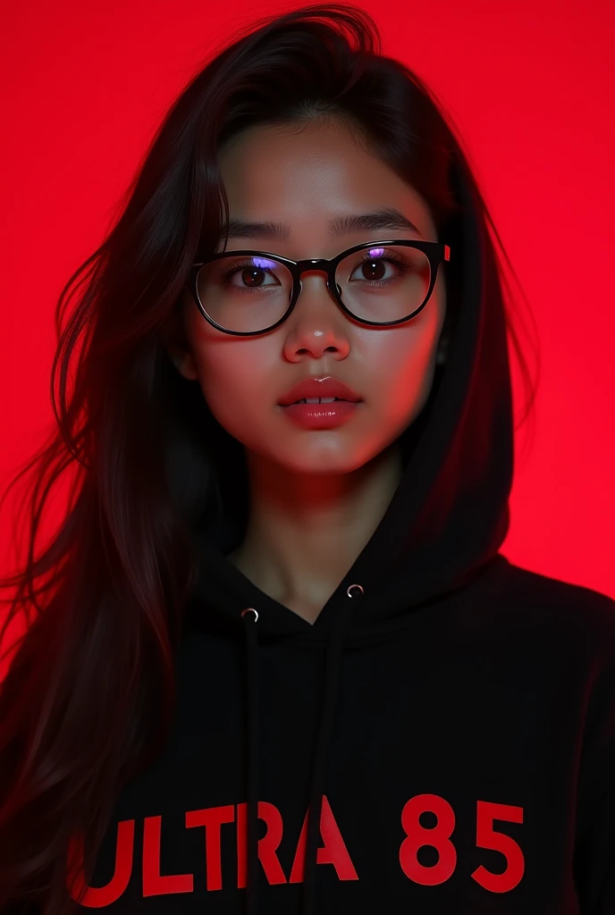 beautiful girl from indonesia aged 17 years.wearing a black hoodie wearing glasses.with a beautiful style like an Indonesian model.divine red background and a hint of thin smoke.displays "APRILIA" .detailed creation with bold font