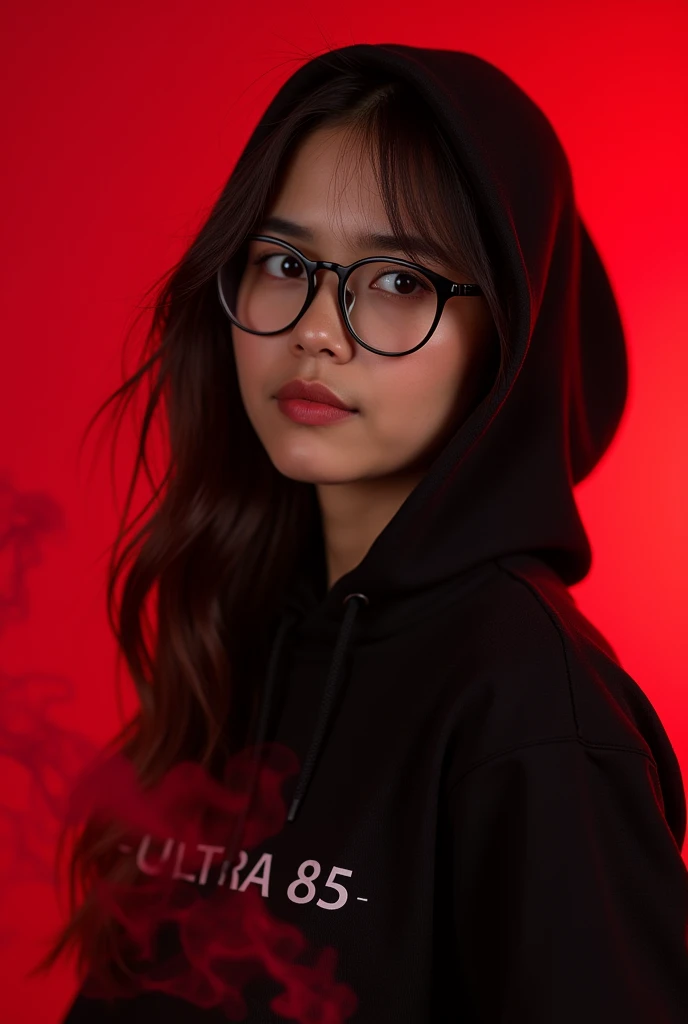 beautiful girl from indonesia aged .wearing a black hoodie wearing glasses.with a beautiful style like an Indonesian model.divine red background and a hint of thin smoke.displays "ULTRA 85" .detailed creation with bold font