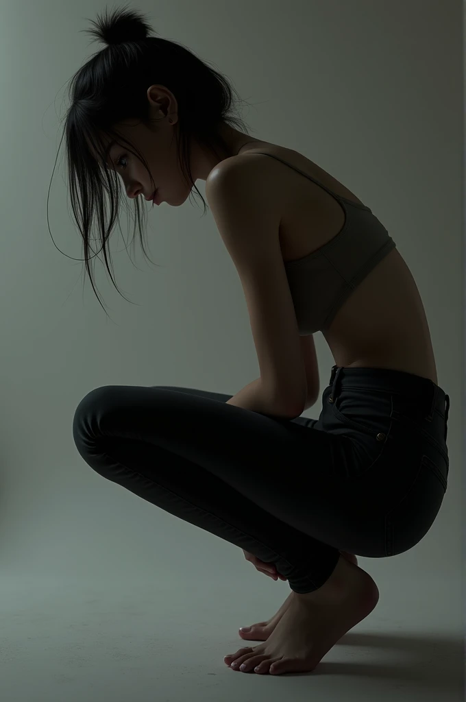 A girl wearing black skinny jeans and bending over