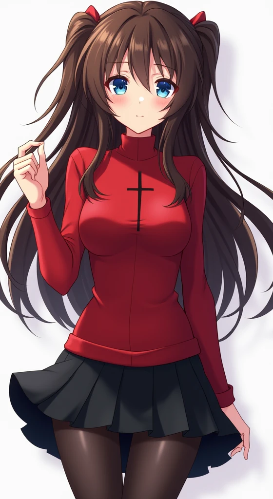 rin tohsaka, masterpiece, 8k, high quality, full body, small medium thighs, slim waist, sexy well-defined body, rin, blue eyes, brown hair, long hair, two sides up, parted bangs, hair ribbon black, red sweater, turtleneck, long sleeves, cross pattern, black skirt, pleated skirt, miniskirt, black tights, full body
