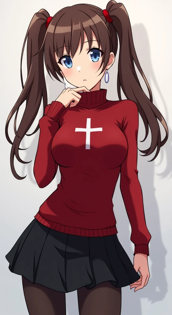 rin tohsaka, masterpiece, 8k, high quality, full body, small medium thighs, slim waist, sexy well-defined body, rin, blue eyes, brown hair, long hair, two sides up, parted bangs, hair ribbon black, red sweater, turtleneck, long sleeves, cross pattern, black skirt, pleated skirt, miniskirt, black tights, full body