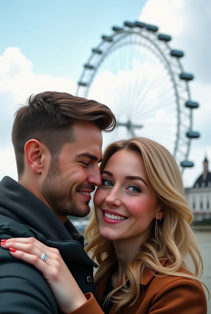 A couple hugging in front of the London Eye,  taking a profile selfie man brown hair and eyes,  blonde woman with green eyes 8k ultra realistic photorealistic 