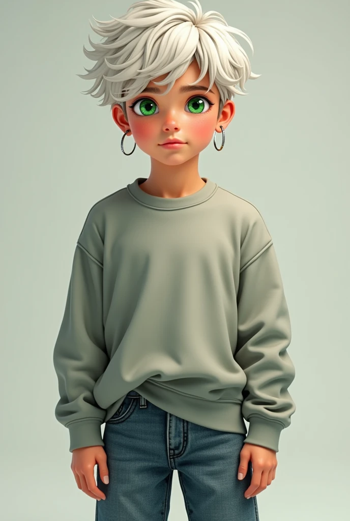 Make me a full body boy who has white hair and green eyes with a thermal shirt and jeans and has earrings 