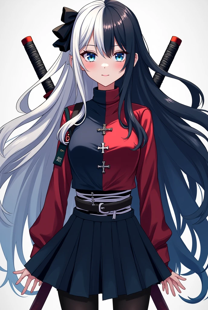 Spawns a white girl with white eyes and hair on the left side and black eyes and hair on the right side in the style of Kimetsu no Yaiba., Her hair reaches down to her ankles, with dark blue male demon slayer uniform fully covered, chest covered in bandages, two nichirin katanas on the back, imagem de fully body, rin tohsaka, Masterpiece artwork, 8k, high qualiy, fully body, small medium thighs, Waist slender, sexy and well defined body, rin, blue colored eyes, chestnut hair, long hair, two sides up, distributed strip, black hair ribbon, red sweater , high collar, long sleeves, cross print, Black Skirt, pleatedskirt, miniskirt, black pantyhose,