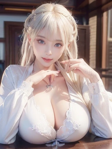 ((Highest quality))、((Very detailed))、(Detailed eyes:1.6))、((Seductive pose:1.6))、(Huge breasts:1.4)、Platinum Blonde Hair、Braided hair、(Long sleeve shirt)、smile、Deep valley、Heart Necklace