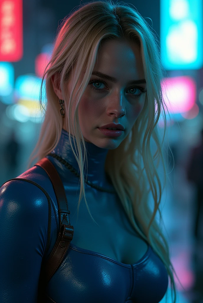 ((best quality)), ((​masterpiece)), (detailed), ((background Cyber)), wet look, ((blond long Hair)), ((Intricate detailing, in the night time, Contre-Jour, random neon color, View from afar, random pose, blue bodysuit, face focus, hell picture, light face))