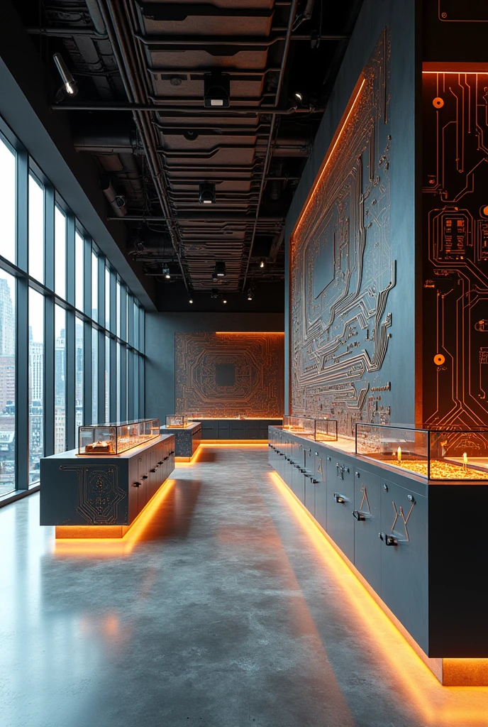 concept store that is based on the use of the core of a circuit board in its interior design