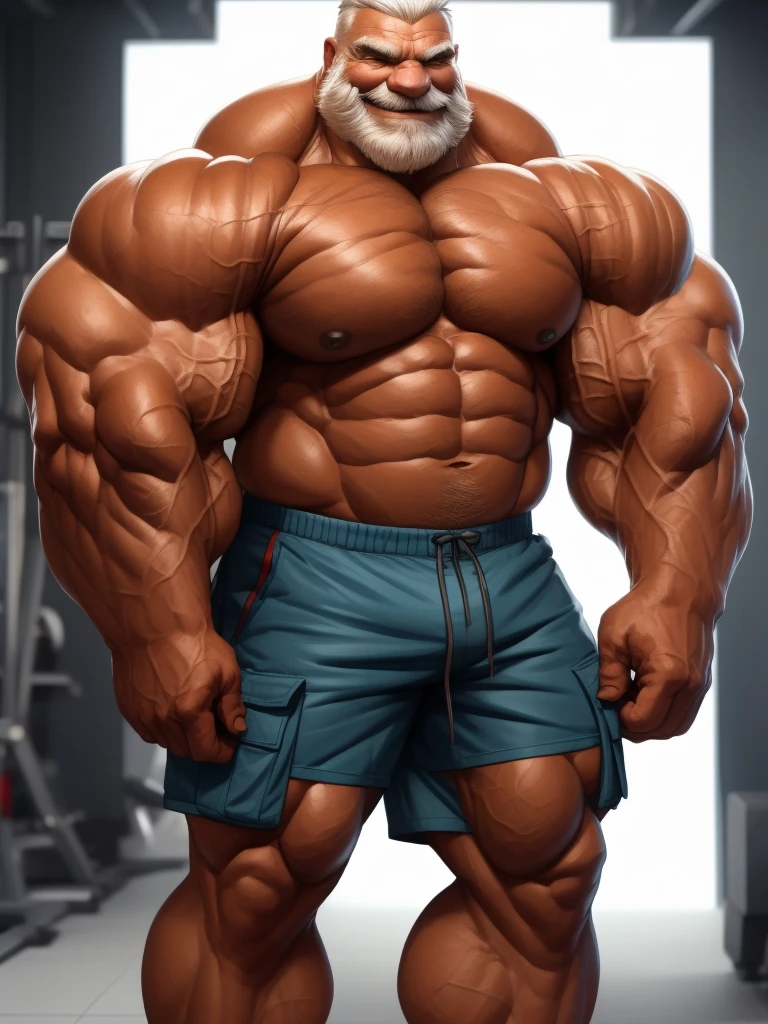 1boy, 1man, solo, gigantic, hyper detailed, (topless, shirtless, shorts cargo), well-muscled old man, bearded. ((extremely huge muscular, massive muscular, extremely muscle size, super thick arms, huge pec, hyper pec, bigger chest, extremely wide pectoral , huge arms)), wide smiling. Add textures and details to make the image more realistic, such as the appearance of the. Make sure the resulting image is high resolution, 8K quality