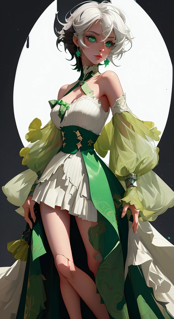 envision a 8k, highres, cinematic, beautiful full body design sheet of a short girl named Cecilia Immergreen with multicolored hair, green eyes, doll joints, joints, bare shoulders, detached sleeves, hair between eyes, white hair, dress against a dark background