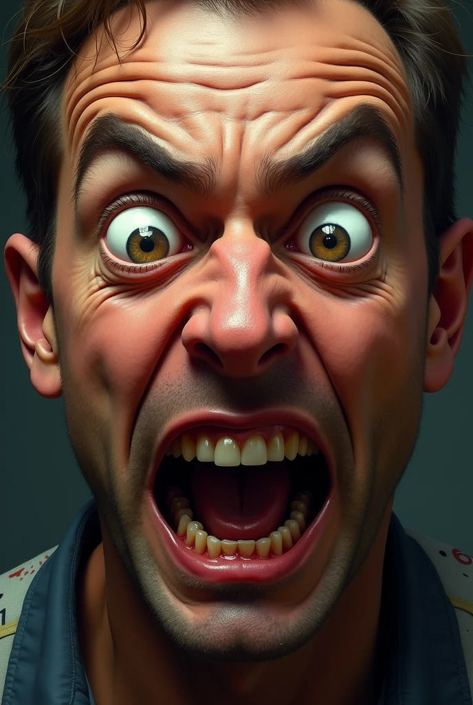 Create an image of The painting is completely centered on the narrator's face. The details are very close, capturing every nuance of her expression. The image shows the narrator with a frantic look, Large, bulging eyes reflecting palpable anguish. His pupils are dilated, and his eyebrows are raised in a grimace of despair. - that he is animated and is a man