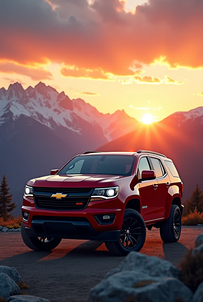 (photorealism:1.2) a beautiful chevrolet blazer s10 with logo in the mountains at sunset