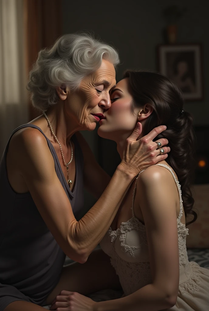 Grandma kissing a very young woman with tongue 