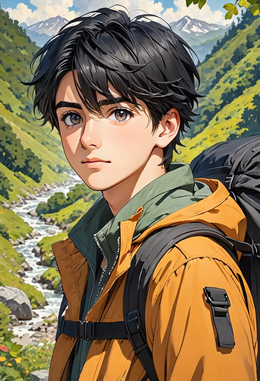 Twenty year old boy with black hair dark  eyes in hiking clothes 