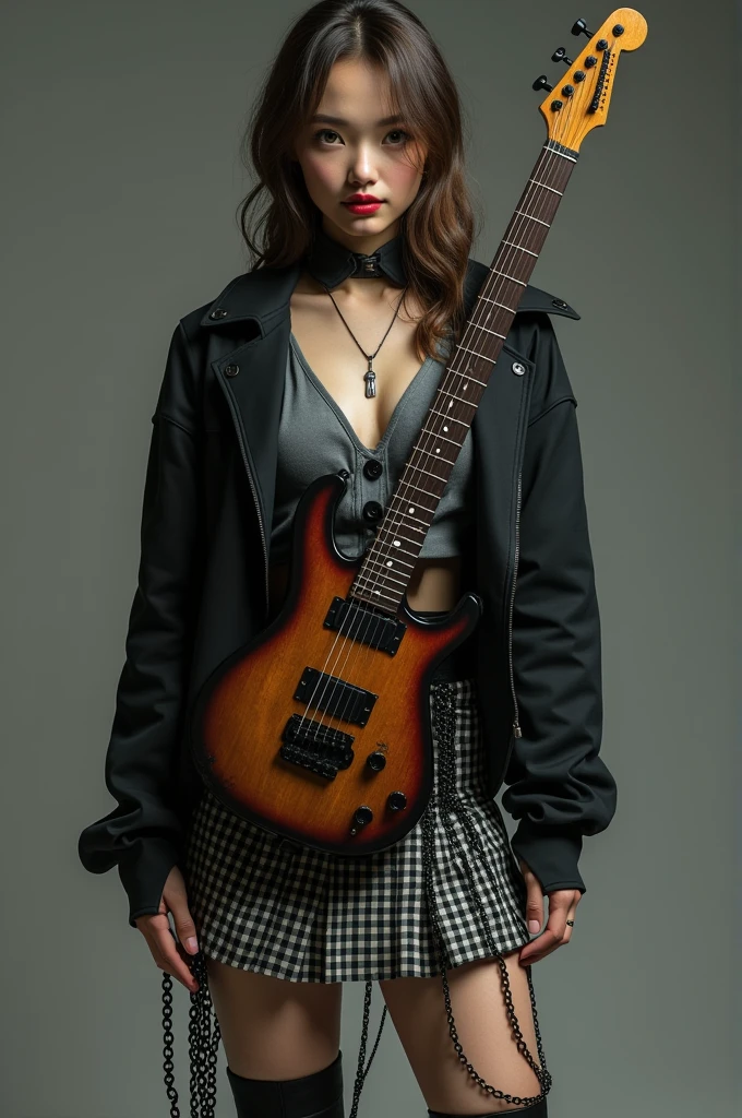 A teenager with a woman's body, guitar-shaped body and very sexy with hazel green eyes and red lompinte lips and a gray blouse, Black jacke, black and white plaid skirt with chains around the skirt, men's black boots, fair skin and attractive rest and peach skin. And very desirable to other men.