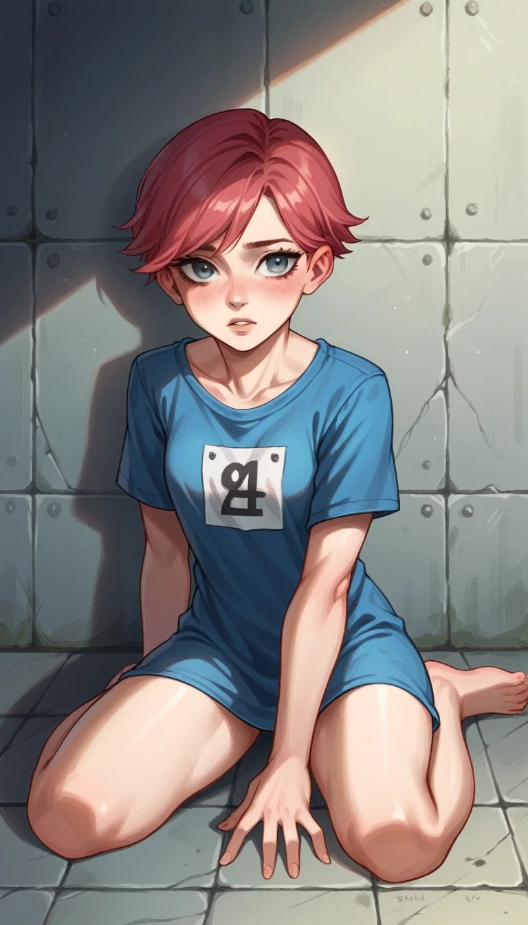 comics style ,young woman, 1, short red hair, blue gray eyes, athletic, floral tattoos,blue prisoner clothes, in prison showers