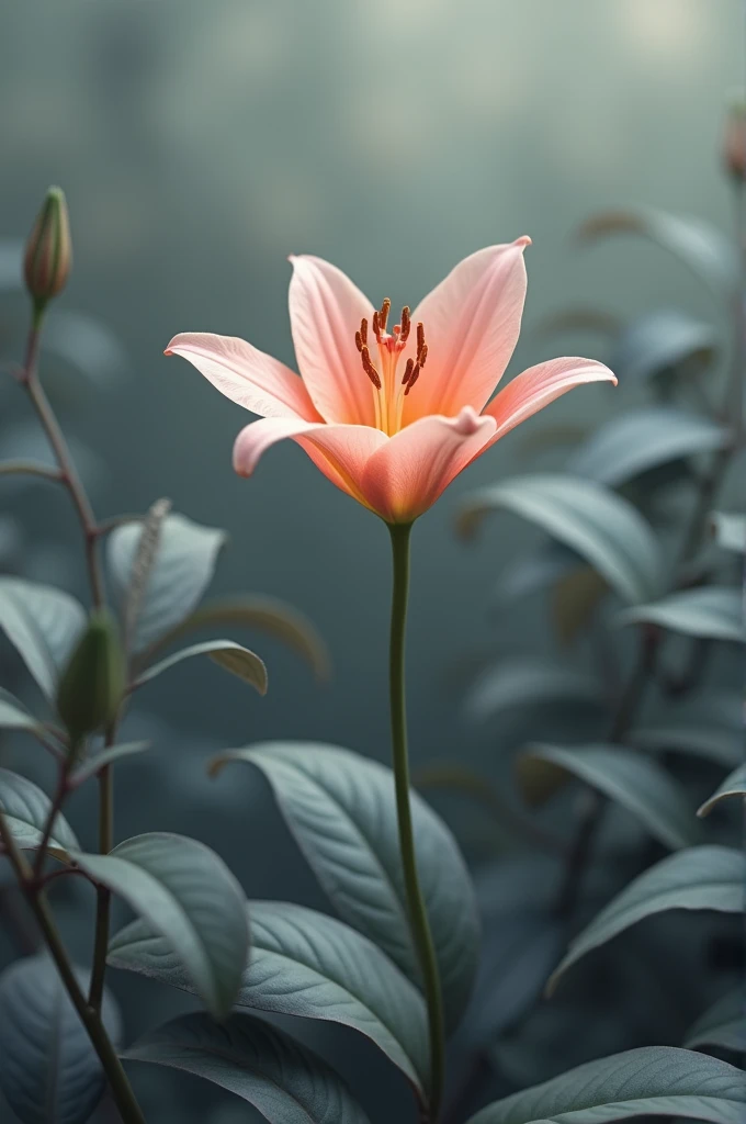 A skin-colored lily,in a place full of grey plants