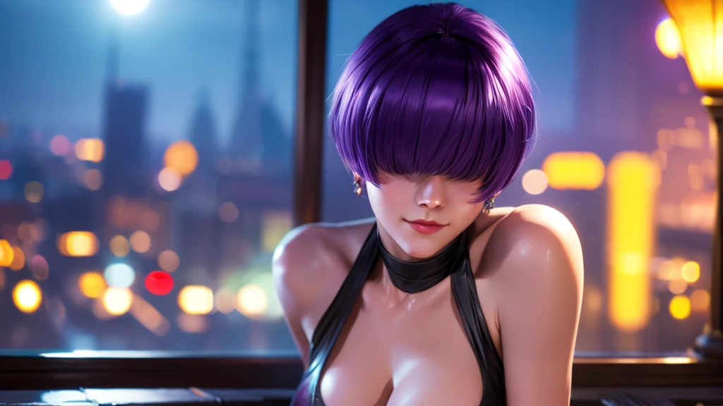 (at night), alone, in a video game scene a background of a beautiful city during the day raining, standing at attention, purple hair, ((purple hair)), 1 girl, alone, 20 years old, young woman, perfect hands , beautiful and perfect symmetrical fingers, beautiful long legs, perfect legs, beautiful body, beautiful nose, beautiful character design, perfect face, look at the viewer (focusing on the entire character), closed mouth, Light_Smile, official art, wallpaper Extremely detailed CG unity 8k, perfect lighting, bright and colorful front lighting, glowing skin (masterpiece: 1.0), (best quality: 1.0), ultra high resolution, 4K, ultra detailed photography, 8K, HDR, high resolution, nonsense: 1.2, Kodak portra 400, film grain, blurred background, bokeh: 1.2, lens flare, (vibrant_color: 1.2), professional photography, (beautiful_face: 1.5), (narrow waist),
