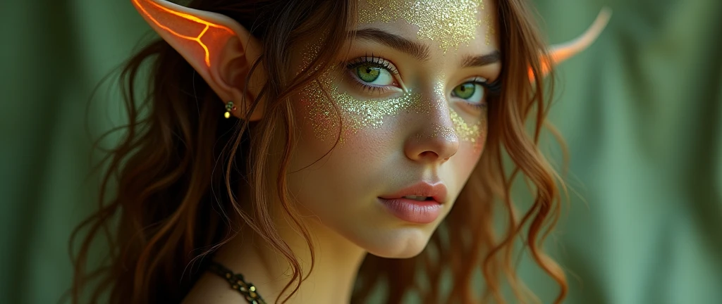 (Female)

	•	Skin Tone: Light olive with iridescent patches that shimmer under certain angles, creating a pearlescent effect. The iridescence is particularly noticeable on her cheekbones and forearms.
	•	Hair: Her long, wavy brown hair has evolved to contain bio-synthetic strands that glow faintly in low light, shifting between auburn and gold. These strands can also change texture, becoming stiffer to serve as a form of passive defense.
	•	Eyes: Leira’s bright green eyes have an additional reflective layer, giving them a luminous quality, especially at night. Her pupils are slightly larger than human, enhancing her vision in various light conditions. The sclera has a faint greenish tint, blending seamlessly with her irises.
	•	Facial Features: She has a slightly elongated face with delicate, almost ethereal features. Her ears are slightly pointed and adorned with subtle, retractable bioluminescent patterns that activate during strong emotional responses. Her nose has a more streamlined appearance, with a slight ridge that glows faintly.
	•	Body Type: Leira’s curvy build has evolved to be more streamlined and graceful, with subtle webbing between her fingers and toes, hinting at an aquatic adaptation. Her hips and bust remain prominent, but her overall structure is more aerodynamic. Her skin has faint bioluminescent lines that trace her spine and ribs.