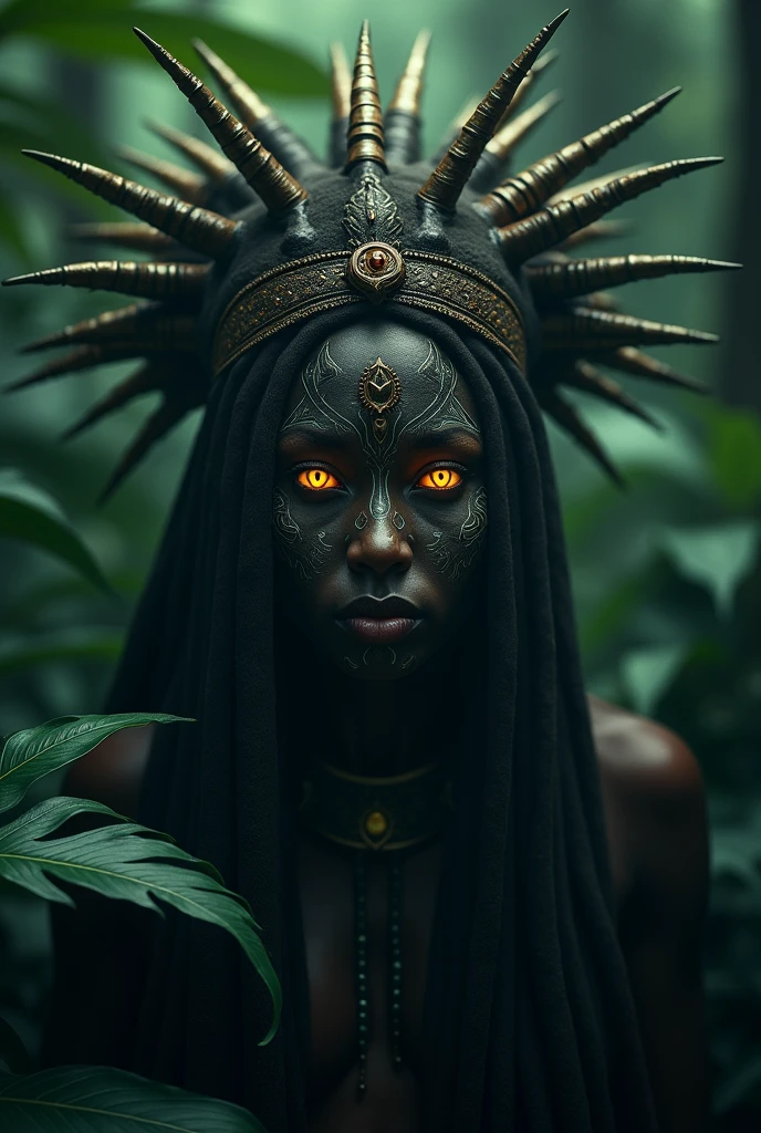 realistic voodoo witch in african jungle, dark and moody atmosphere, golden glowing eyes, intricate detailed face, elaborate tribal makeup and headdress, lush jungle foliage backdrop, ominous lighting, dramatic shadows, photorealistic, cinematic, 8k, best quality, highly detailed