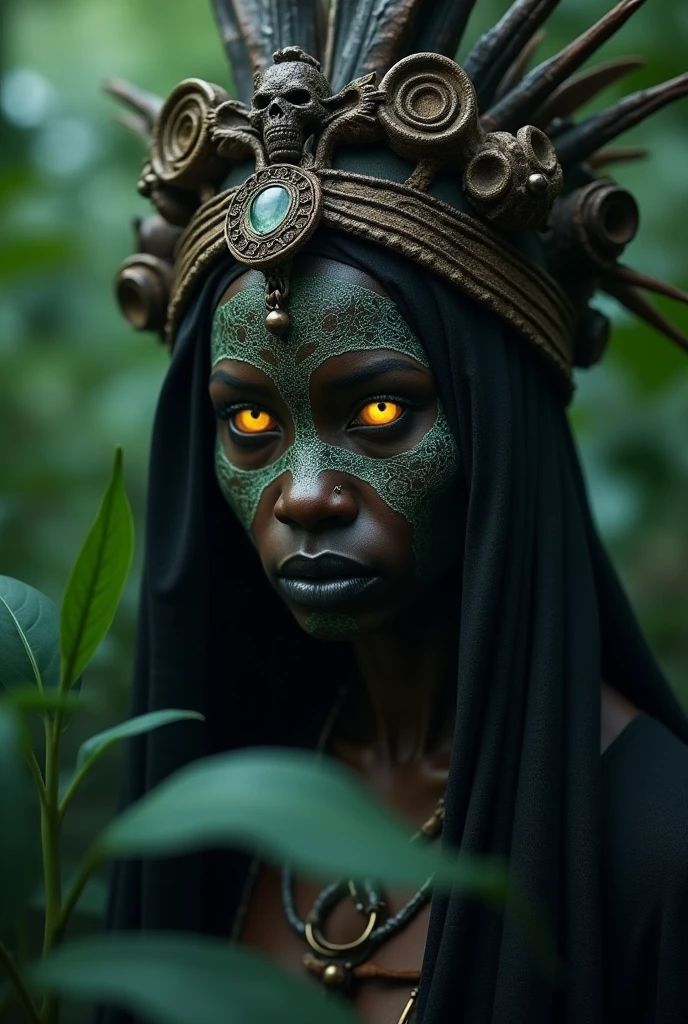 realistic voodoo witch in african jungle, dark and moody atmosphere, golden glowing eyes, intricate detailed face, elaborate tribal makeup and headdress, lush jungle foliage backdrop, ominous lighting, dramatic shadows, photorealistic, cinematic, 8k, best quality, highly detailed