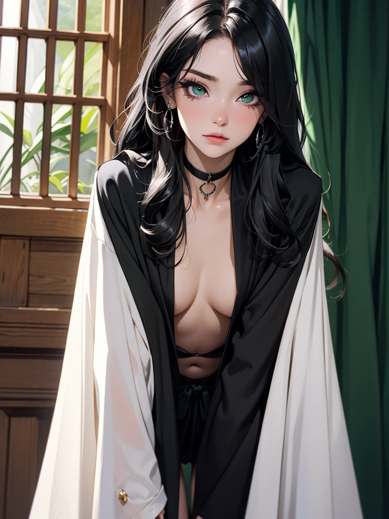 emo_hairstyle, (piercings), (black necktie), ((long hair)), ((straight hair)), (((black hair))), side swept bangs, white skin, pale, white, (green eye), tired expression, choker, ((dark makeup, mascara, eyeshadow)), multiple piercings, best quality, 8k, dark laboratory, dim lighting, , erotic, slytherin, black robes, (small breasts, cleavage, strap gap, leaning forward, hanging breasts), hogwarts robes. (((small breasts))), ((straight hair))