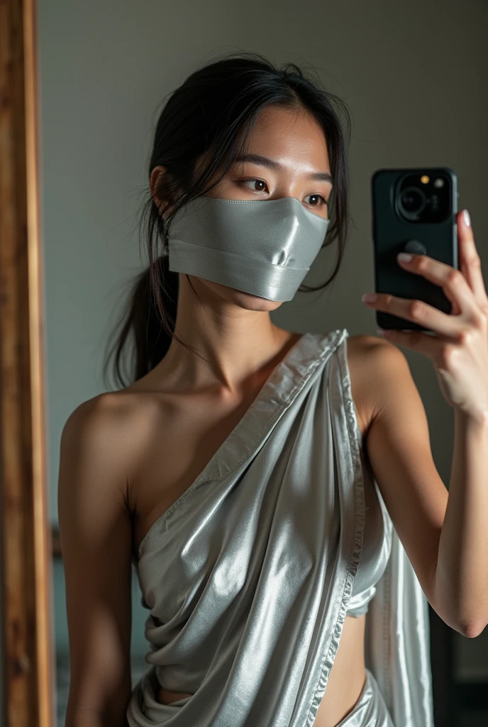 Aesthetic girl bllindfolded and duct taped gagged over mouth  in silver shimmering saree taking a selfie in mirror