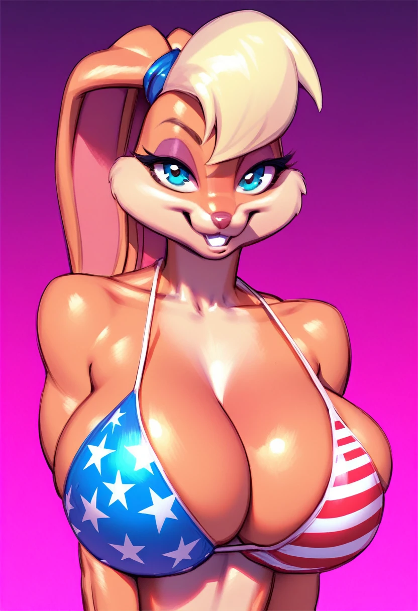 score_9, score_7_up, 1girl, solo, lola bunny, american flag bikini, cleavage, large breasts, presenting, pink background, gradient background, furry