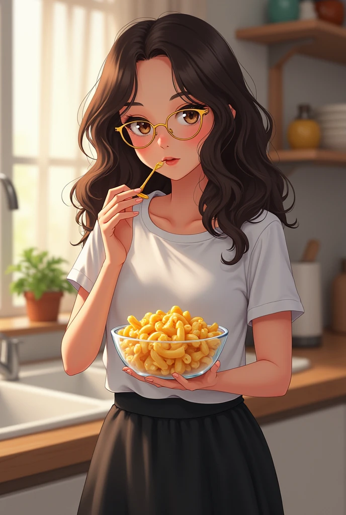 A brown-eyed girl, with dark brown hair, very long and curly, con cat eye glasses color dorado, wearing a white short sleeve top and a black skirt that is a little below the knees while standing in the kitchen and eating macaroni and cheese from a clear bowl