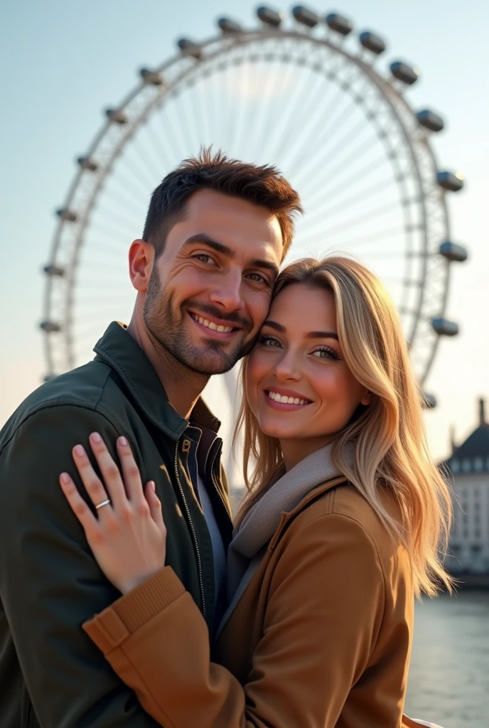 A couple hugging in front of the London Eye, taking a profile selfie man brown hair and eyes, blonde woman with green eyes 8k ultra realistic photorealistic