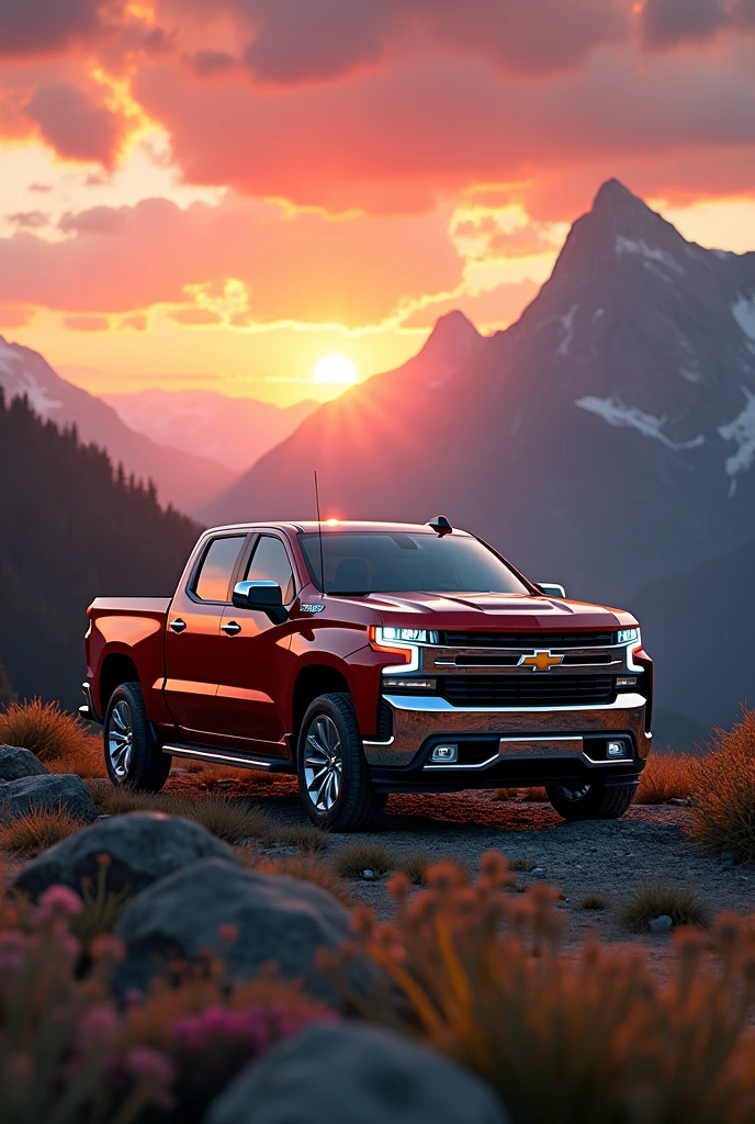 (photorealism:1.2) a beautiful chevrolet silverado with logo in the mountains at sunset