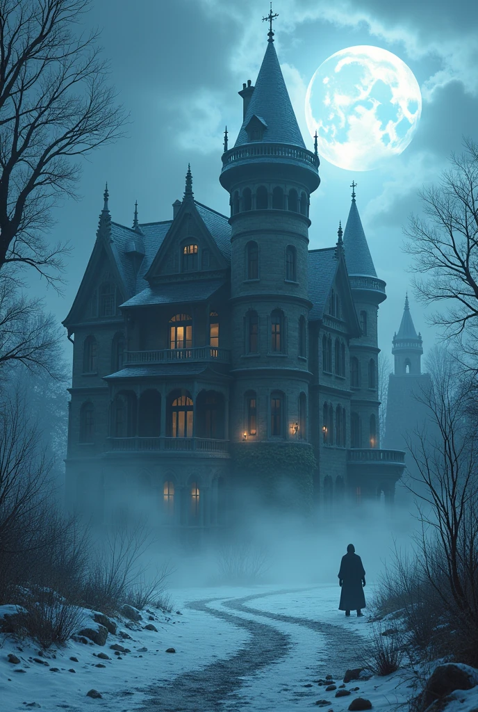 gothic haunted mansion, cold color theme