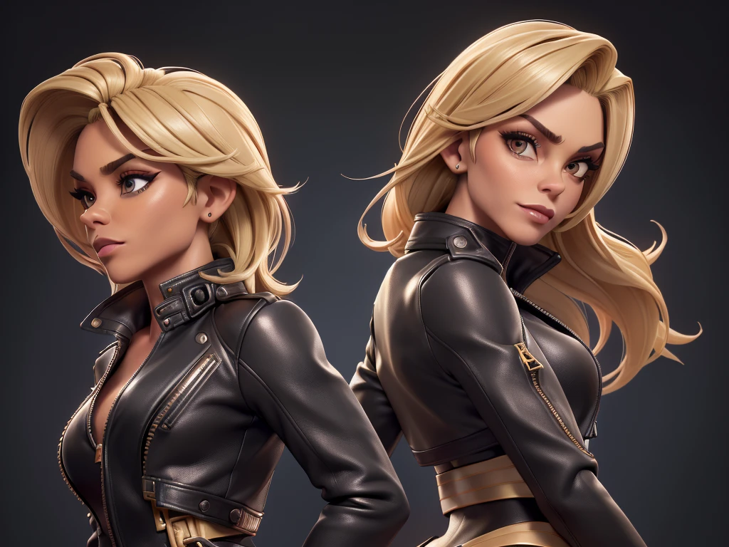 obra prima, melhor qualidade, ((only one woman,)) ((jillian michaels, dark tan skin, blonde bob hair, heavy vamp makeup eye shadow,)) (((wearing thigh length black metallic leather jacket,))) (((jacket is zipped up, jacket covers waist and ass,))) ((jacket has stiff high collar,)) ((gold pvc gloves,)) body is very skinny, standing up, (((arched back, shoulders leaning way back, hips twisting, head tilted way back, chin up,))) ((camera side view, extreme closeup view of upper body,)) shallow depth of field, highres, HD, 8k, anatomically correct