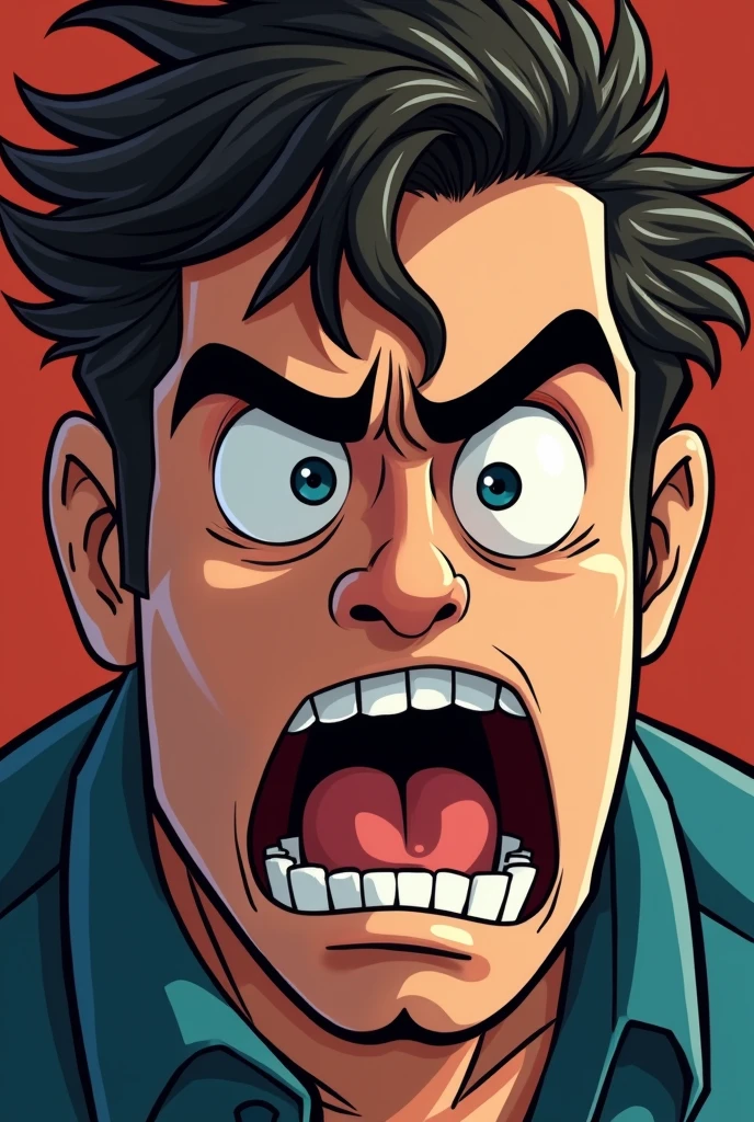 Create an image of The painting is completely centered on the narrator&#39;s face. The details are very close, capturing every nuance of her expression. The image shows the narrator with a frantic look, Large, bulging eyes reflecting palpable anguish. His pupils are dilated, and his eyebrows are raised in a grimace of despair. - that it is a cartoon and he is a handsome man
