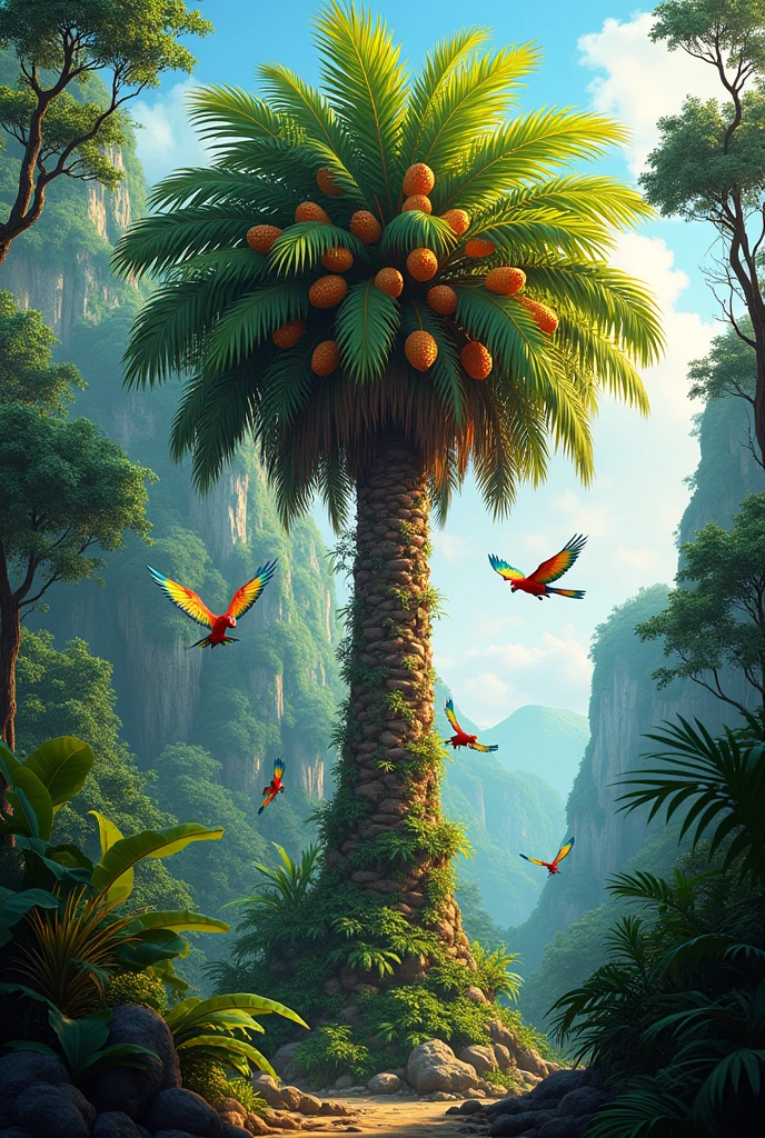 Create a drawing image with forest and pupunha tree full of pupunha with macaws flying
