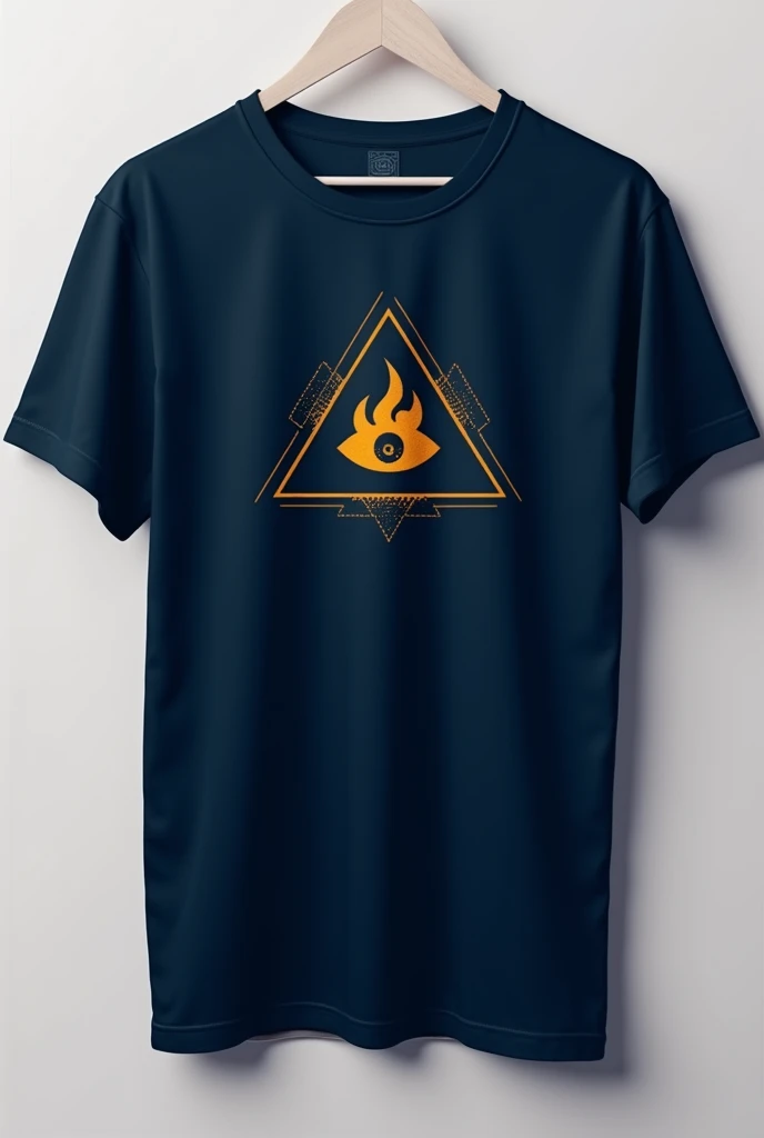 Design for a navy blue t-shirt related to current fashion with a brand of a triangle and an eye in the middle like an illuminati and that is identified with the brand of a triangle and an eye with fire in the middle small, that shows both front and back views
