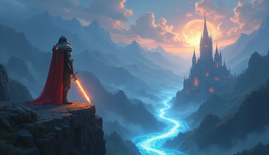 Create a detailed fantasy landscape inspired by Mu Online, featuring a vast, mysterious world with towering mountains, ancient castles, and dark forests. The scene should include a glowing river of magical energy winding through the terrain, with mystical creatures like dragons or winged beasts soaring in the sky. In the foreground, place a heroic figure in ornate, glowing armor, standing on a cliff overlooking the landscape, with a majestic sword in hand. The text 'COMPRAR WC' should be integrated into the scene in a bold, ancient-style font, glowing with a magical aura that blends seamlessly with the mystical environment