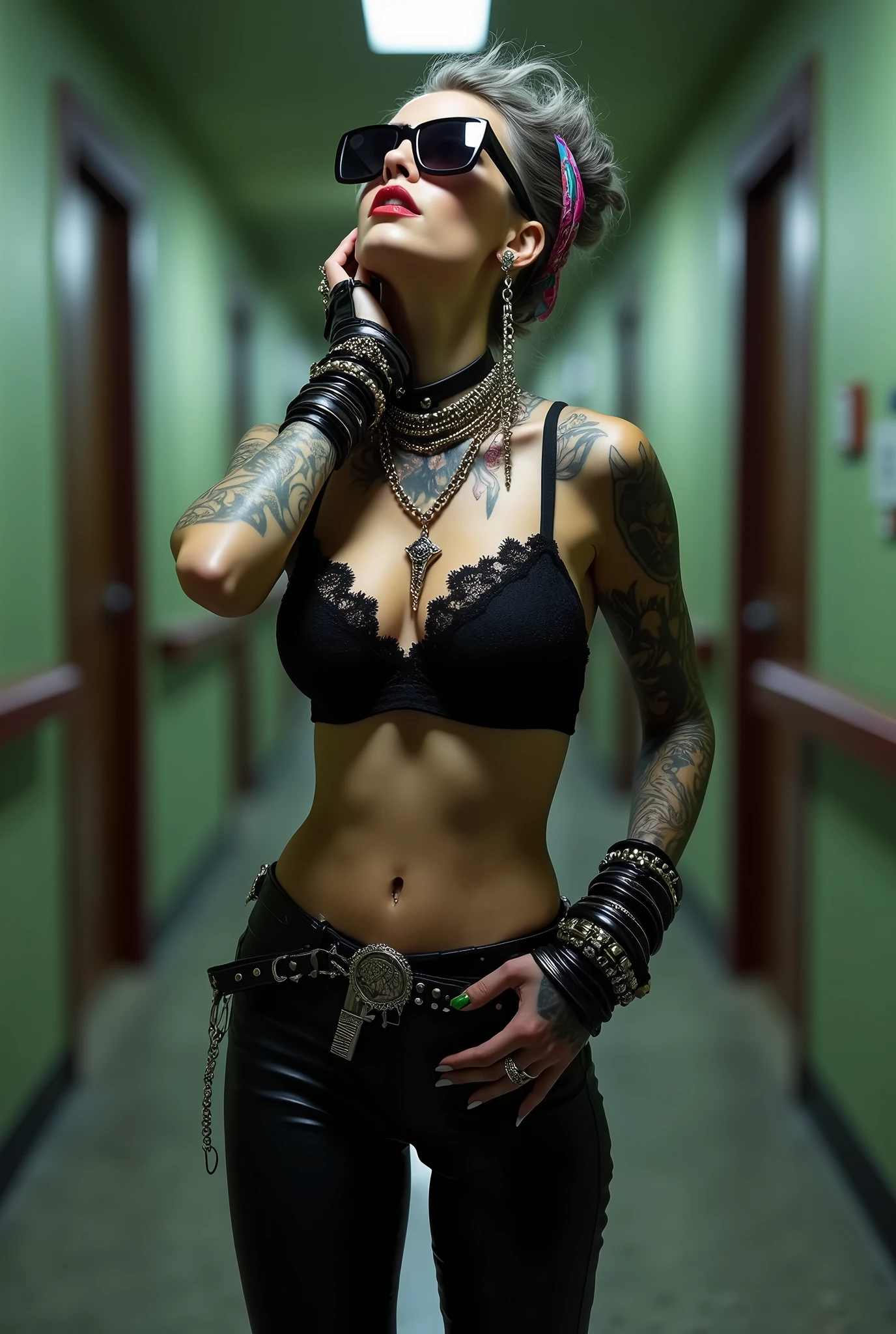 russian milf woman, grey hair (bouffant, top bun) and oversized square sunglasses and wide colourful bandana as headband, with very light green eyes, extremely pale. Big lips. Black lace push up bra, silicone breast,, skintight shiny black leggings. Flip flops. Lots of thick wide studded bracelets, chain collars and big rings,. Two loose studded belts with a pistol holster hanging,. Long earrings with chains and feathers. Standing with legs apart, one hand hands on her hip, the other caressing her neck, stretching her neck and looking up at the ceiling in surprise, craving., Neck, chest, stomach and wrists heavily tattoed. Toned abdominals, thin neck, slim legs and thin arms. Narrow hips. At a long narrow corridor at night. Full body.