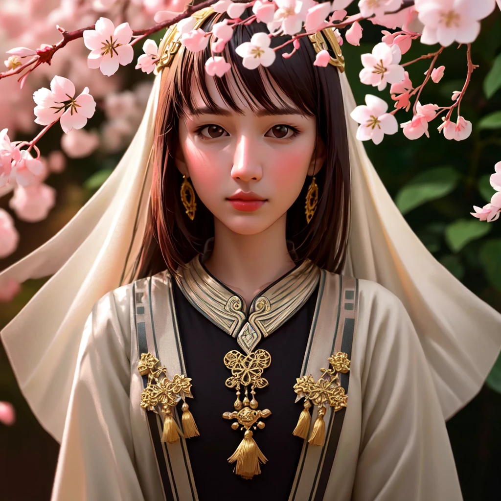 A beautiful girl in a lush garden, photo-realistic, 8k, extremely detailed, masterpiece, cinematic, shallow depth of field, cherry blossom tree, brown hair, flower crown, realistic jewelry, detailed eyes, lips and nose, chinese dress, hidden fingers, hidden arms, solo portrait