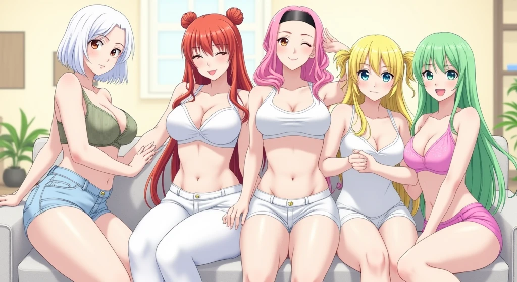 Five adult college girls with big breasts, one redhead girl with pigtails, another with long pink hair, another with long green hair, another with long yellow hair, and finally a girl with short white hair, the background being a living room.. Girls should wear casual, normal clothes.