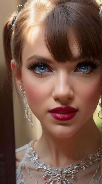 detailed woman face looking at the camera, blue eyes, hot thick red lips, mouth parted with sensuality, correct deformed fingers, photorealistic, sharpened eyes
