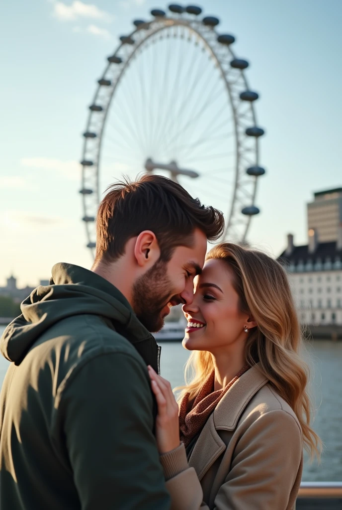 A couple hugging in front of the London Eye, taking a profile selfie man brown hair and eyes, blonde woman with green eyes 8k ultra realistic photorealistic